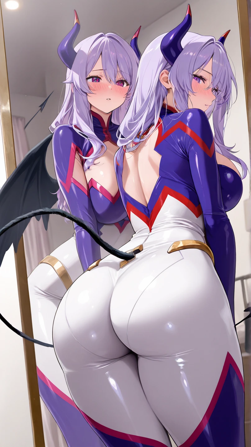 large breasts, thick thighs, vipergts,dark skin,horns,wings,pointy ears,demon girl,demon tail,red eyes, green hair, short hair, , shiny skin,, full body, pants, corsep, pullover,boots,vest,, staff holding, smile, full body, medieval village in europe, refsheet, smile,