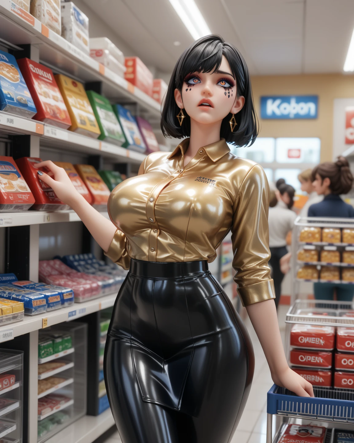 Elvira, masterpiece quality, detailed, realistic, (realistic:1.3), black hair, beehive haircut, wearing black dress, in a candy store, lots of candy in background, lots of sweets in background, small breasts, (small breasts:1.5), thin body, lots of cleavage,