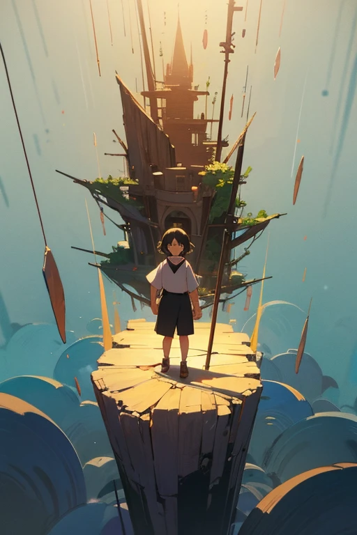 The little boy stood at the top and looked up,zori,cel shadow,blue colors,ultra-delicate,dream magical,magical,
