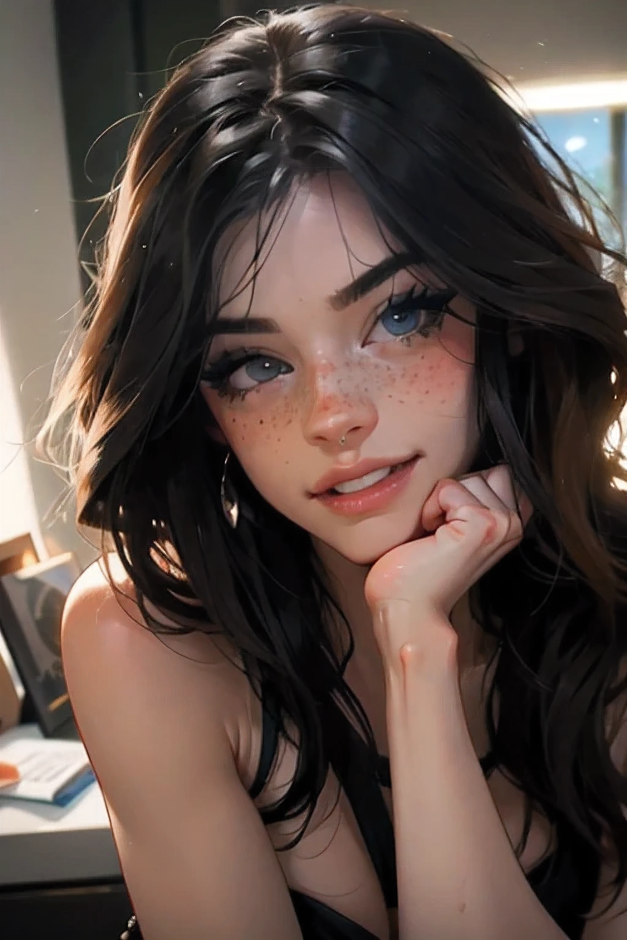 1girl,a beautiful fashion model ,(masterpiece, detailed background, best quality), shoulder length and shiny hair, black hair,smirk,juicy lips,red lips, lingerie, stripping, elegant makeup, exhibitionism, influencer, thot,