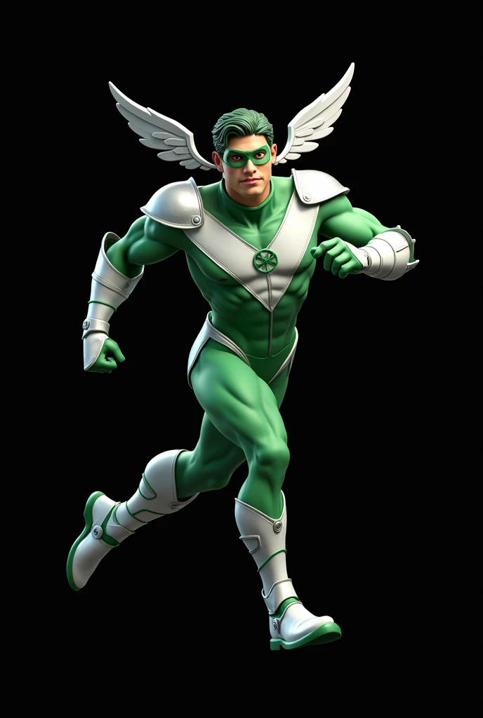 An original superhero who wears white spandex, green vest, green gloves and a golden belt. He has green mechanical wings under his arms. Ultra realistic cinematic photograph