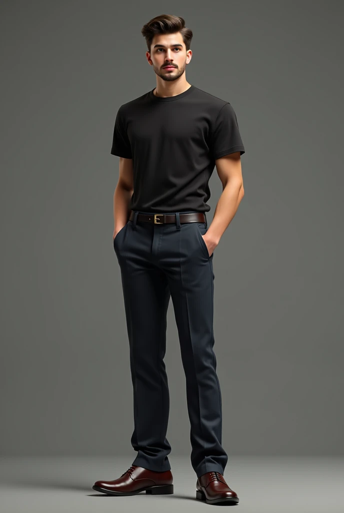 masterpiece, Top quality, highly detailed, realistic, Detailed Face, Detailed and realistic skin, perfect shiny skin, One male, young man, 20 years old, (Formal cut gradient black hair), full body,standing, front face, t-shirt big plain black T-shirt, big trousers, talking with hand gestures, front view, big smile
