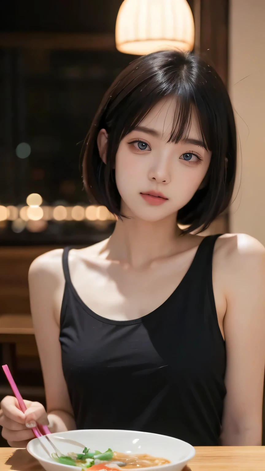 embedding:lazypos, 1girl, short pink bob haircut, vibrant hot pink eyeshadow, intense wide eyes, parted lips, slight overbite, looking at viewer, in a dimly lit bustling ramen restaurant, holding chopsticks with noodles raised to her mouth, small smile, sideboob slip on her tanktop, (soft lighting:1.2), (gentle highlights:1.1), face in focus, neon lights reflecting in her eyes, small ramen shop, cyberpunk theme, emphasized edge, (cinematic anime:1.1), (official anime art:1.1), (anime screencap:1.1), (soft neon light glow:1.1), (bokeh effect:1.1), (film grain:1.1) 