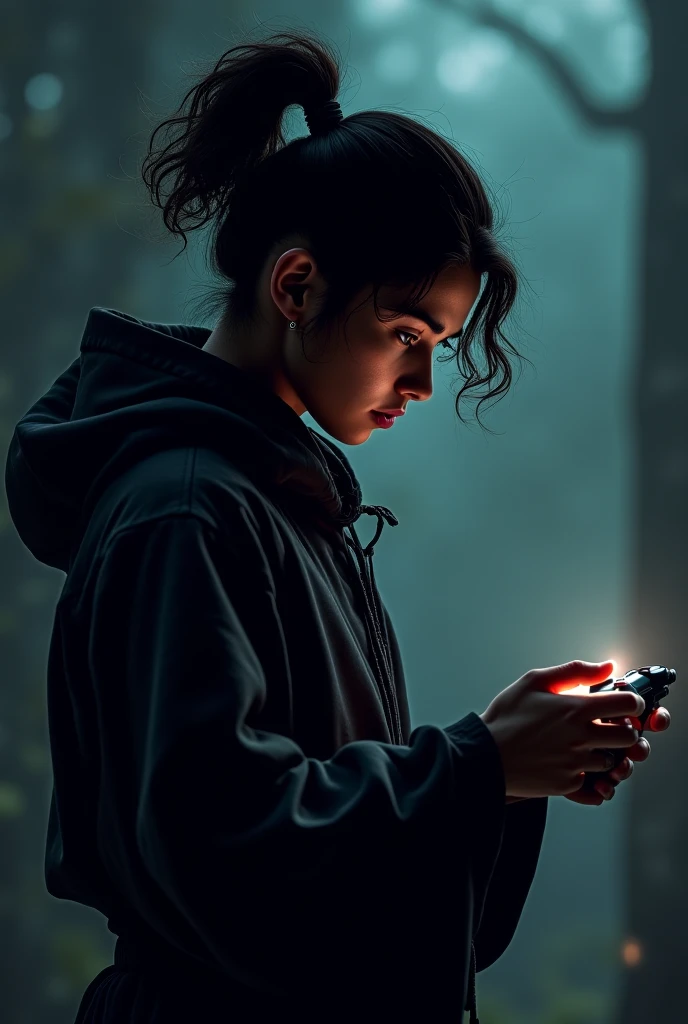 Dark forest, side view of a female Chinese hacker with hoodie typing on laptop, pumpkins carved with sinister smiles, moss, skull, pomegranates. Obscure. Illuminated by torches inside the pumpkin, candles, screen, moonlight. Great angular, great depht of field.
