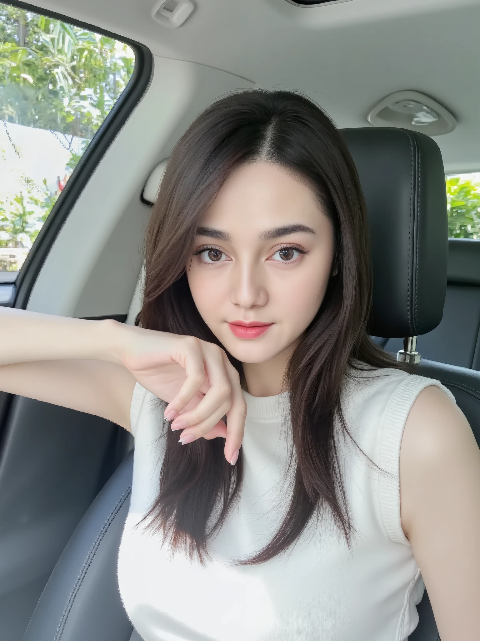 "A highly detailed and realistic digital painting of a beautiful young woman sitting in a luxury car. She has long, silky dark hair and radiant skin, with soft makeup that enhances her natural beauty. She wears a stylish, sleeveless white top that complements her elegant and modern look. Her expression is confident and slightly playful as she rests her hand gracefully near her face, showcasing her well-manicured nails. Sunlight streams through the car window, illuminating her face and creating a soft, natural glow. The background outside the car features lush greenery, adding a fresh and vibrant touch to the image. The interior of the car is sleek and modern, with black leather seats that contrast with her light-colored outfit. The overall atmosphere is classy, contemporary, and effortlessly stylish."