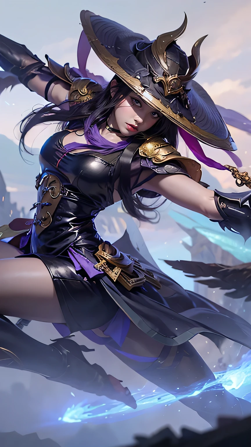 ((ganyu \(genshin impact\))))((masterpiece、8L、WAR Photo、highest quality、Realistic painting style、Cinematic Lighting、Backlight)) medium breasts、Great cleavage,A little bit of side boob is visible、Neck length laser tights、One Girl, alone,Long legs、Thin legs、Perfect Style、Long Hair, Blue Hair, Purple eyes,horn、Neck bell, Black 80 denier pantyhose, Removable sleeves, Black gloves, Pelvic Curtain、Dynamic pose, Has a bow weapon, Starry Sky、Night scene, (Particles of light: 1.1), Thick Fog、Crystal AI,detailed face, detailed eyes, detailed hands, full body, full body,colorfull