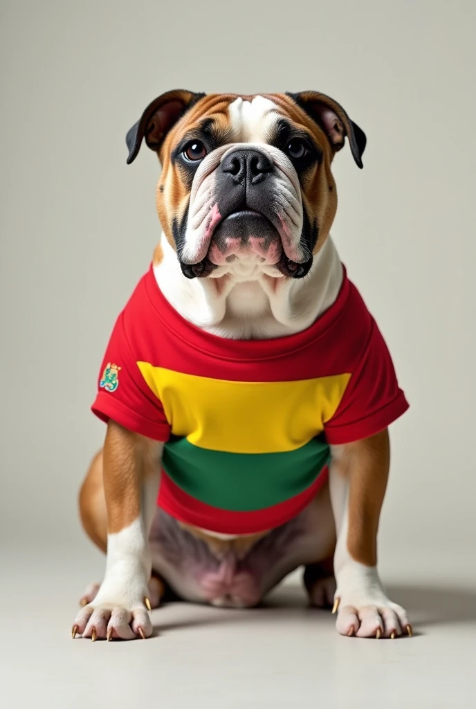 pitbull wearing green red and white striped shirt