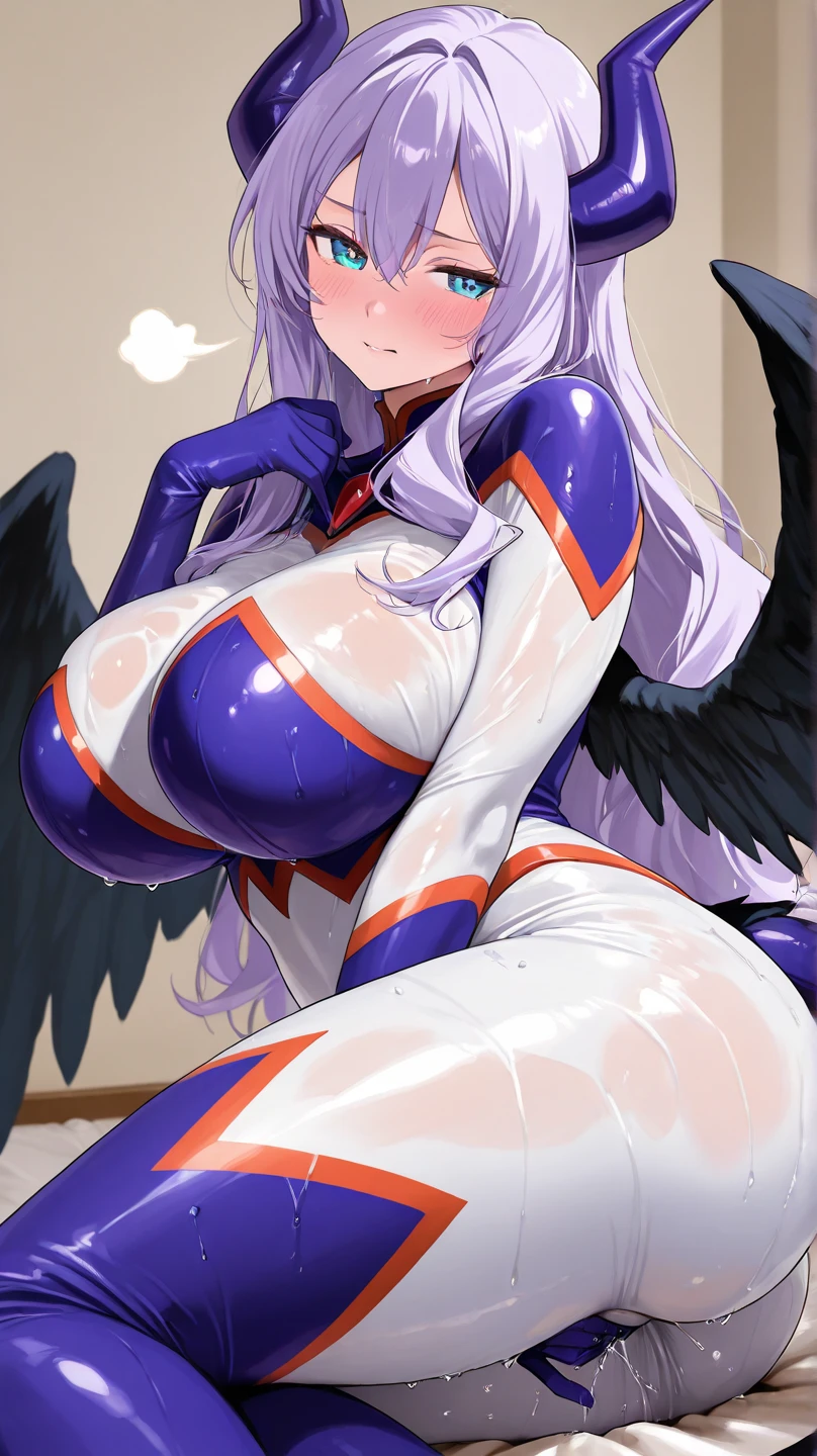 (((masterpiece))), (((best quality))), ((ultra-detailed)), (illustration), ((an extremely delicate and beautiful)), ((super detail)), ((high resolution)), (((nsfw))), ((cybernetic)), (futuristic), (biopunk), (fantasy), full body, stylish, (seductive), (((erotic))), (((20 years old))), (topless cloth), open cloth, metallic cloth, (pussy juice), camel toe, (maid), (android), ((mechanical insect wings)), delicate metal decorations, gleaming skin, shiny body, two legs, ((((female masturbation)))), soaking wet, breast focus, (((tall))), slender legs, tail, ((big round eyes)), cute eyes, drooping eyes, very light makeup, ((adult)), (elderly), in stasis tank, (right hand on the clitoris and left hand on the breast), two hands, in suspicious broken laboratory, electrical shining line on the body, opening legs, five fingers, no extra hands, seductive smile, side braid medium length hair, metallic and transparent blue slime suit, (((ultra-huge breasts))), lying, spread legs,