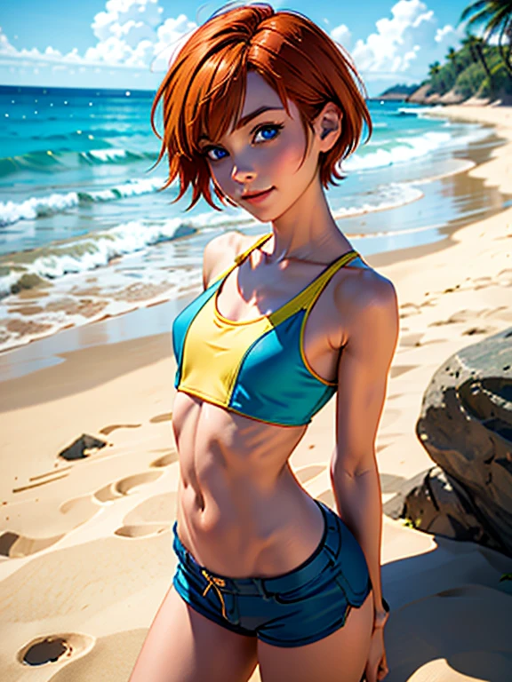 Athletic, small bare breasts, toned body, 1 girl, ginger hair, pale skin, blue eyes, short pixie hair (at the tropical beach) looking at viewer close up (dc character 'robin') bikini thong,nipples, pinup poses