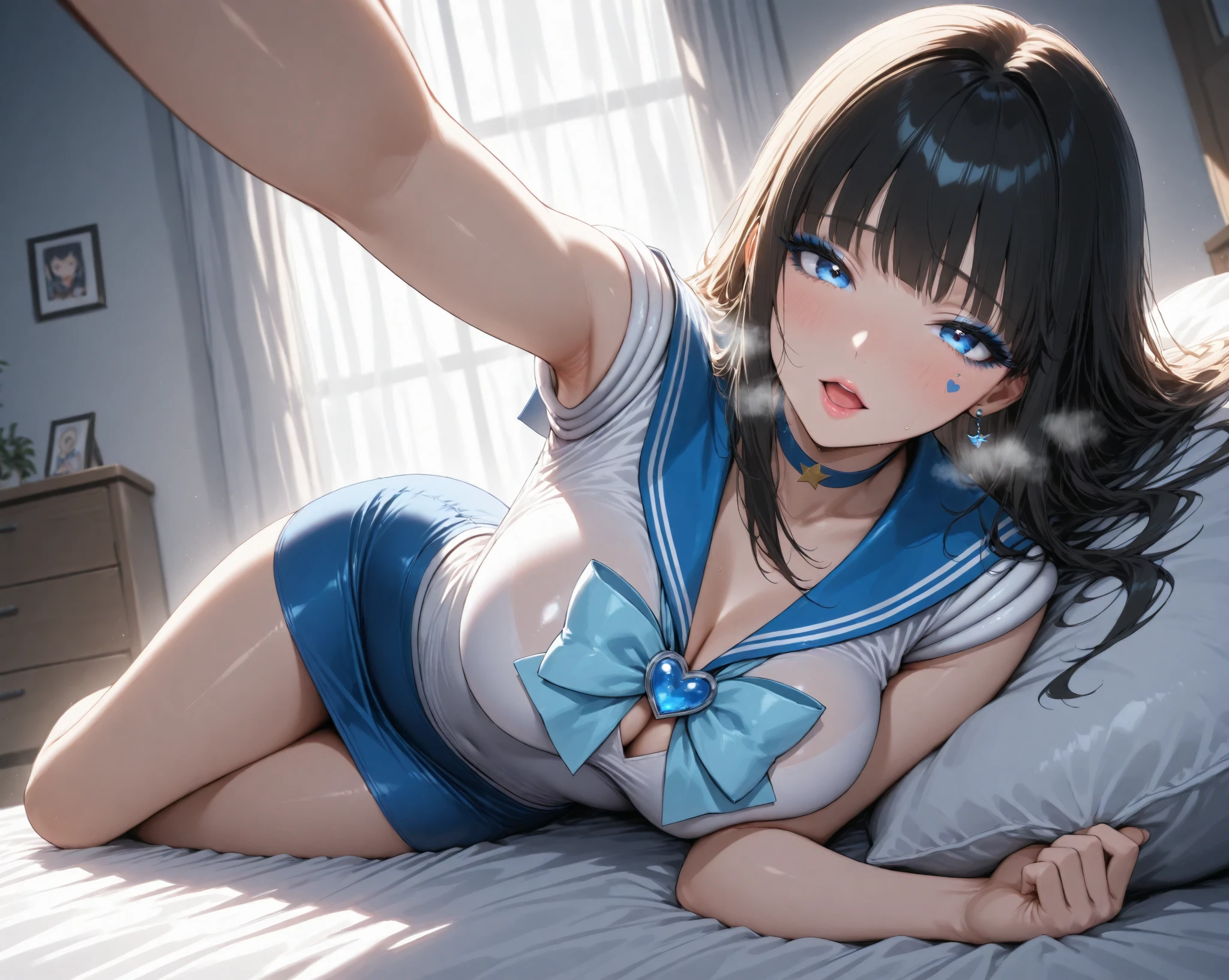 1 woman, HD quality, (solo:1.9), (ahegao:1.3), (orgasm:1.3), (drooling:1.3), smile, steam, (sheer white long thigh-high socks:1.5), (sheer white satin long gloves:1.3), (glowing eyes), best ratio four finger and one thumb,  (Open legs:1.7), (Large breasts), cleavage, (sitting on a bed with one knee up:1.6), (Green eyes:1.3), (Crop Top white shirt:2.0), (Micro thong:1.5), (under boob:1.7),  (Sailor uniform only for the upper body:1.5), (white short shirt), blue sailor collar, (Navel), (black high-heeled shoes:1.5), (red ribbon tie:1.1), semi-long hair