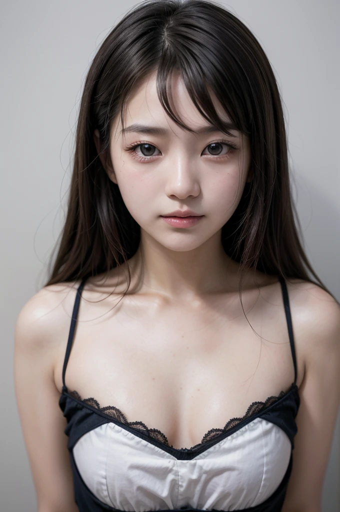 Portrait of cute 13 year old age girl with perfect beautiful face、japanes、bra very、panties on、double-breasted、big eye、Proud、breasts are small、teats、Glows(Dark private research、Dark moody light:1.2)