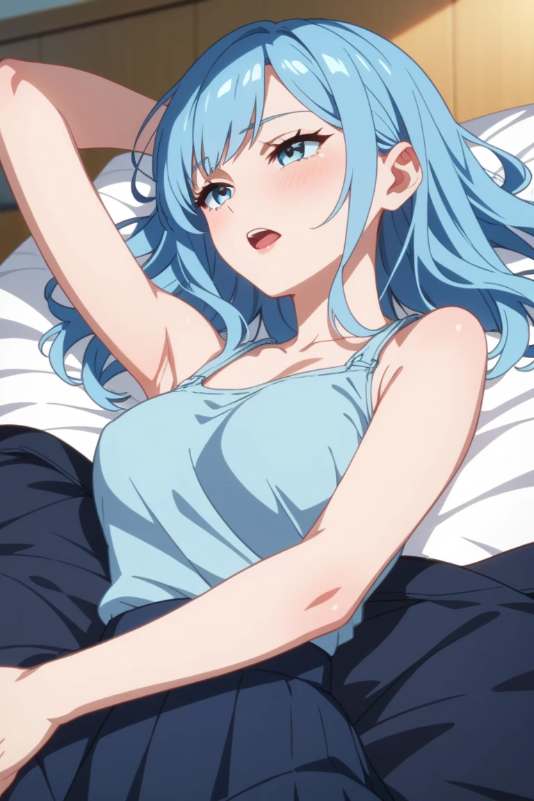 Illustration of a girl with long blue hair getting banged in the missionary position