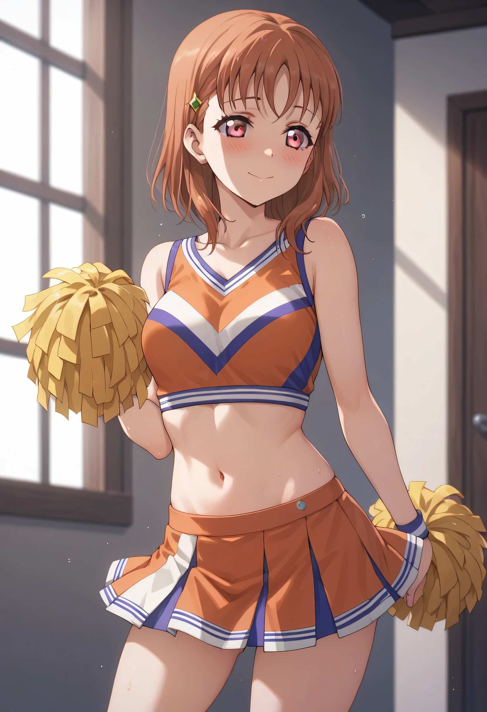 An image of Chika Takami, blushed, Standing in a cheerleader costume standing in a room. ,