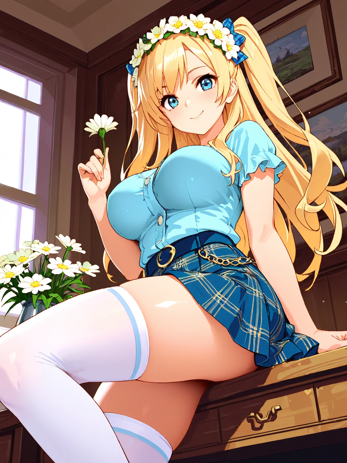1female, kawaii, solo, school, blonde, eyes dark blue eyes, sexy, ((short skirt, white panties, cameltoe, open legs)), sitting on desk, blonde hair, BREAK, bangles, necklaces, earrings, loafers, (nipples, school, slender), (nsfw:1.05), at classroom, 