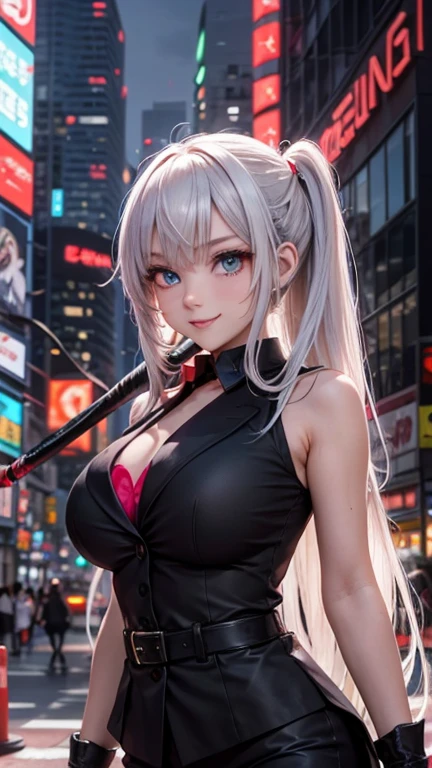 (masterpiece), best quality, intricate details, ultra details, ultra quality, rule of third, (looking at viewer), detailed face, detailed iris, glossy lips, 1girl, solo, long white hair,neko ears, yellow eyes, hair between eyes, (hair intakeangs, (top third shot), fur bikini,modern city streets, smile