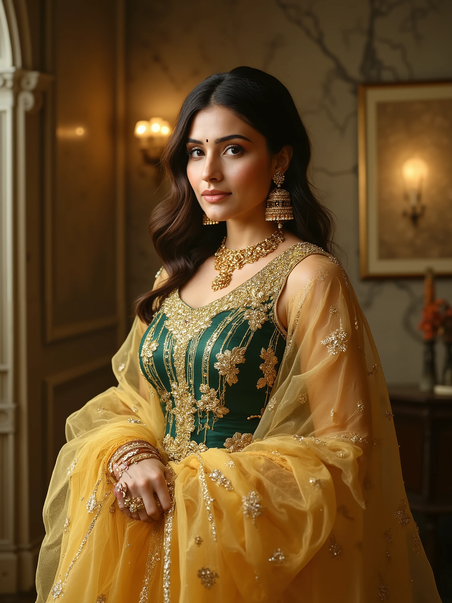 A regal and graceful South Asian woman stands indoors, softly lit by warm, ambient light that highlights the smooth marble walls behind her. She wears a luminous mustard-yellow saree, crafted from fine sheer organza fabric that flows delicately over her form. The saree is adorned with intricate off-white floral embroidery scattered in a minimal yet elegant pattern. Its rich golden-yellow hue glows under the soft lighting, while the translucent material subtly reveals the contours of her embroidered blouse beneath. The blouse is a striking contrast—tailored in a sleeveless, high-neck design made of deep green silk with vertical golden zari threadwork running throughout. The blouse fits snugly, showcasing her slender shoulders and defined collarbones, while the neck is framed with a banded gold border that adds a touch of regal sophistication.Her long, dark hair is styled in soft, loose waves cascading down her back, parted slightly off-center, with volume added by a gentle puff at the crown. A few soft strands frame her face, enhancing her feminine allure. Her expression is serene and composed, with a subtle, knowing smile. Her eyes are almond-shaped and expressive, lined with kohl, and her lashes are thick and naturally curled. She has delicately arched brows, a smooth, golden-brown complexion with a soft natural glow, and her cheeks hold a faint blush. A small, traditional black bindi adorns her forehead, adding a classic cultural touch. Her lips are full and naturally curved, painted in a muted rose shade that complements her overall palette.She is adorned in traditional gold jewelry: oversized jhumka earrings intricately carved and tiered with dangling pearls, swaying with movement. On her wrists, she wears gold bangles, encrusted with tiny crystal-like detailing, adding sparkle as they catch the light. Her nails are short and neatly manicured in a natural tone.The atmosphere around her feels luxurious and serene—classic Indian elegance meets fine art portraiture, bathed in soft shadows and golden reflections. The composition is focused on her poised stance, expressive face, intricate attire, and the delicate contrast of sheer textiles and solid embroidery, evoking timeless beauty and cultural richness.