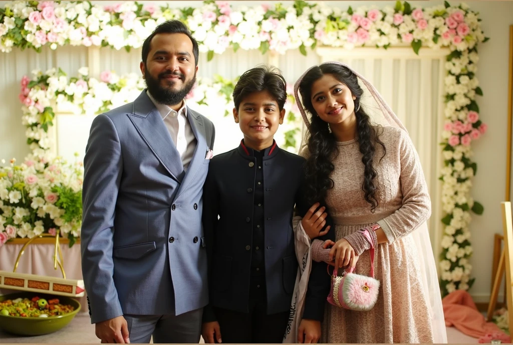 a man and woman holding a baby standing in front of a floral arch, husband wife and son, profile image, very very low quality picture, profile picture, complex background, happy family, profile pic, ayan nag, portrait of family of three, khyzyl saleem, well edited, colour corrected, riyahd cassiem