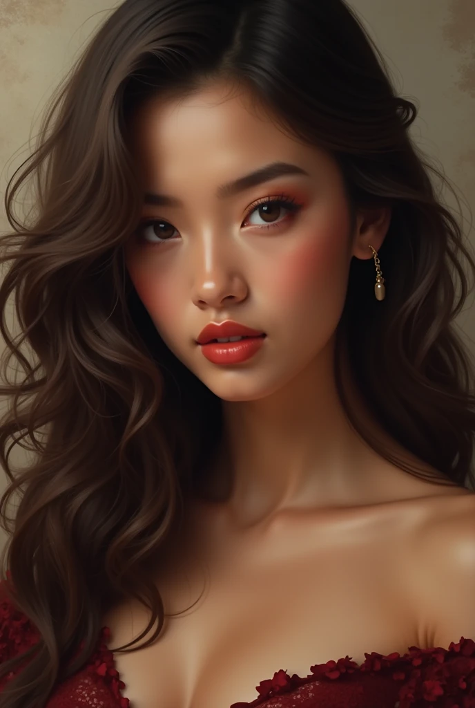 Really cute, woman, olive skin, brunette. Cleavage. She has smooth olive skin and round, expressive eyes with gently arched eyebrows. Her nose is small and soft, and her full, naturally curved lips often form a warm smile. Her cheeks are softly rounded, contributing to her youthful and approachable appearance.