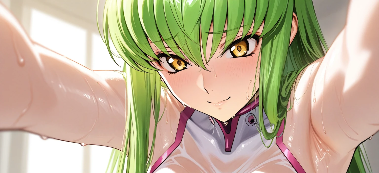 long hair,looking at viewer,bangs,closed mouth,yellow eyes,green hair,bodysuit,upperbody,white bodysuit,straitjacket,c.c. best quality, newest, aesthetic,very aesthetic,anime,