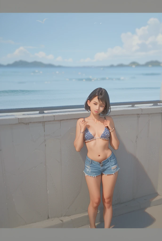 beautiful girl, alone, 1 female, (masterpiece:1.3, Highest quality, 超High resolution, Super detailed), (Realistic, photoRealistic:1.4), Beautiful illustrations, Perfect lighting, Natural light, ((Pretty and gentle face)), Healthy body shape,　So cute and beautiful,(Very detailed美しい顔),(Bikini Swimwear),
Sitting,Spread your legs,View your viewers,Beautiful sandy beach,(smile:1.2),Black Hair,
(Highest quality,masterpiece:1.0),Absurd,High resolution,Very detailed,Very detailed,32K,
Movie Scenes,Detailed Background,alone,Dynamic Angle,
Short hair,Hair blowing in the wind,Beautifully detailed skies,