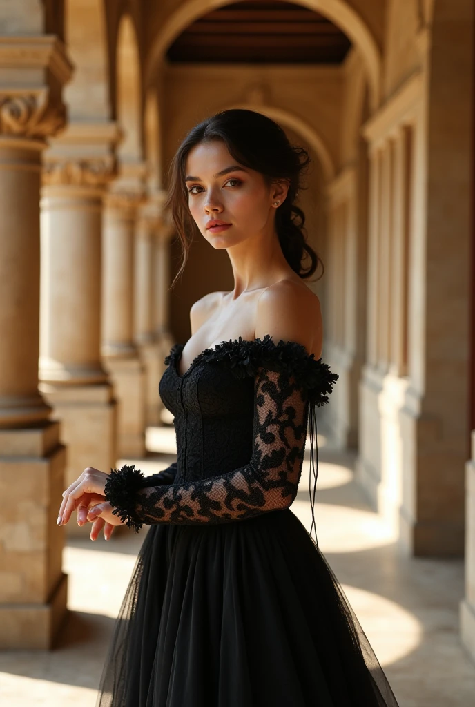 A breathtaking, full-length, elegantly full-length Celtic woman wearing a short, flowing black dress adorned with intricate silver embroidery and delicate Celtic knot patterns. Her long, wavy hair cascades down her shoulders. The background is the Louvre museum in Paris. The scene has a charming, almost mystical quality reminiscent of classical painting styles, emphasizing beauty and nature in harmony.