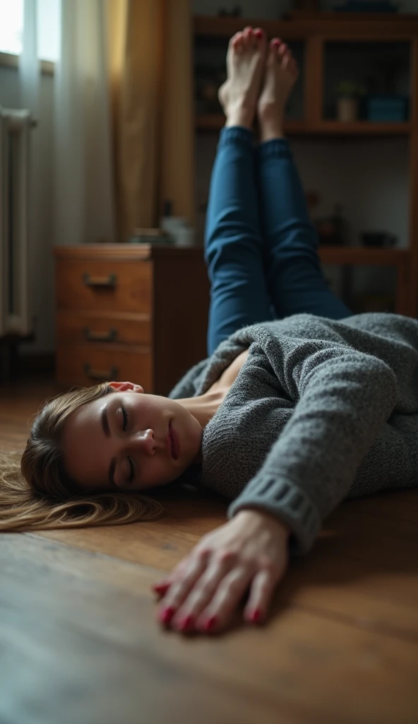 A woman with long hair is lying face down, the back of her head is visible, her face is not visible, a smartphone has fallen next to her, the floor is wooden,