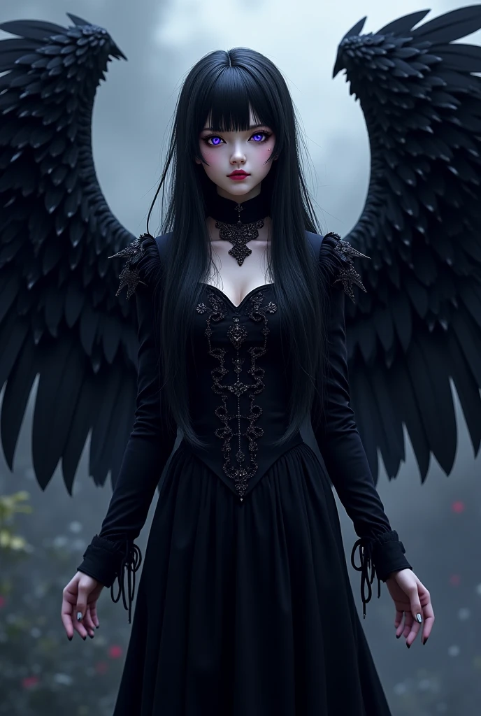 **Prompt:** Create an ultra-realistic 8K resolution image of a Harpy reimagined as the ultimate Gothic Lolita character while retaining the iconic features of the mythical creature. The Harpy’s avian traits are intricately woven into her Gothic Lolita appearance. Her face is delicate yet hauntingly beautiful, with large, piercing eyes surrounded by dark, smoky makeup. Her skin is pale, almost porcelain-like, adding to her ethereal and eerie presence.
Her hair, a mix of dark feathers and silky strands, cascades down in voluminous curls, adorned with a Gothic-inspired headdress made of lace, feathers, and small black roses. Her wings are prominent, with dark, almost black feathers, each tipped with a hint of deep red, giving her an ominous yet alluring aura.
She wears a Gothic Lolita dress, meticulously detailed with layers of black lace, frills, and ribbons, all adorned with subtle bird motifs. The corset is tight, emphasizing her slender waist, and the skirt flares out dramatically, with the hemline resembling the edges of feathers. The dress’s sleeves are long and flowing, with lace gloves that transition into delicate, talon-like fingers.
The background is a dark, misty forest, with twisted, barren trees, and a full moon casting an eerie glow over the scene. The setting enhances her Gothic Lolita essence, merging her mythical origins with a dark, elegant, and mysterious vibe. The image captures the perfect blend of the Harpy's fierce nature and the refined, elaborate style of Gothic Lolita fashion.