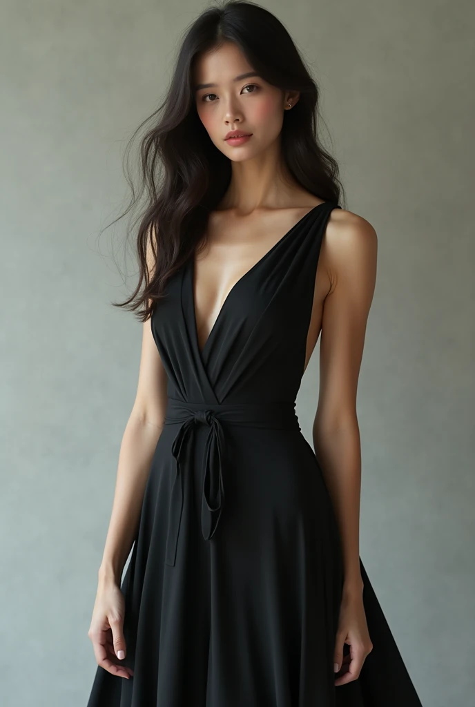Bñack haired ,big chest, beautiful indian woman, in a long black dress