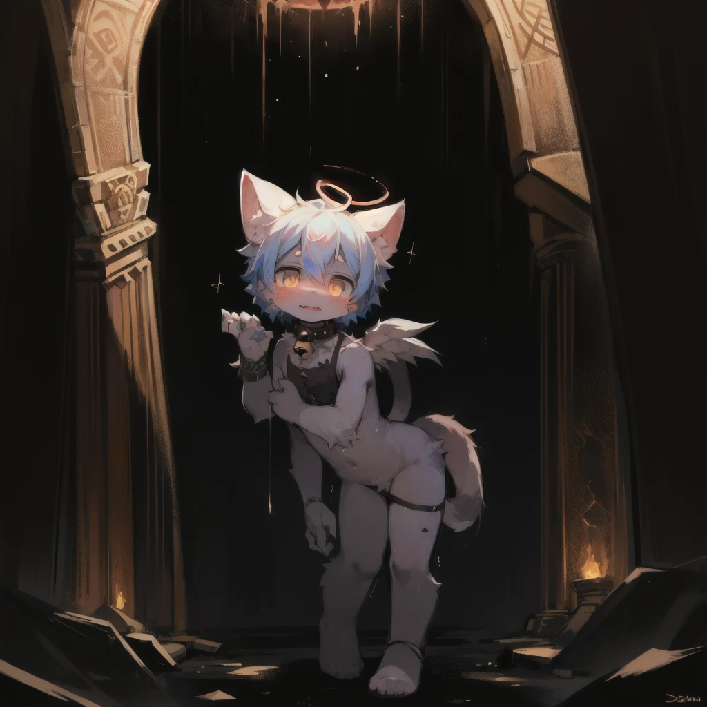 ultra-detailed, masterpiece, masterwork, high quality, best quality, hdr, (prison), posted on e621, (by hioshiru), nsfw, female, solo, (white little body dragon), hairy dragon, (long silver hair, closed eyes, blush, sad, white body), from below, dynamic angle, (nude, restrained, shackles), stain body, (little pee puddle, piss)