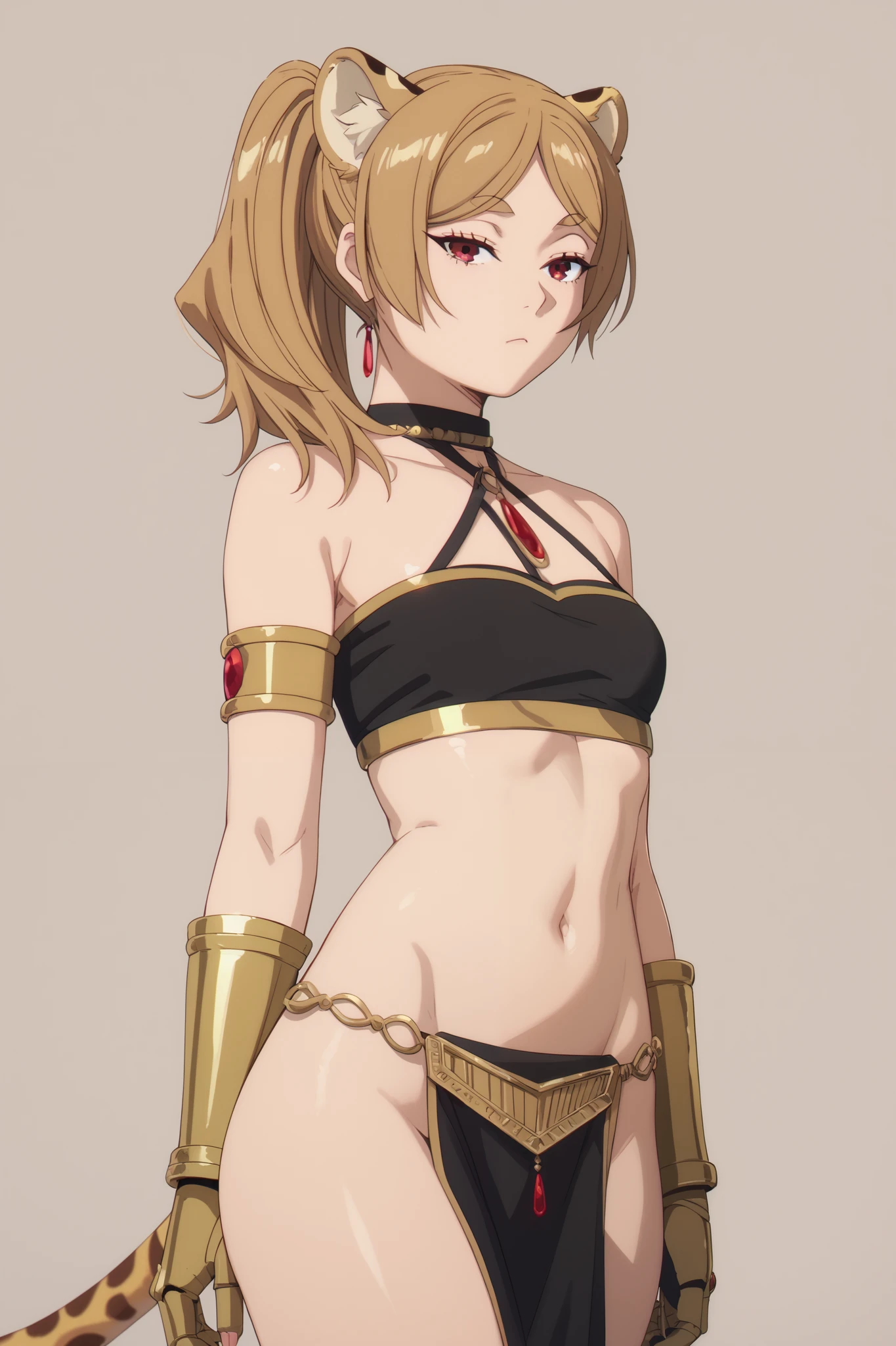 1 girl, light brown hair ponytail, parted bangs, red iris, cheetah ears, cheetah tail, voluptuous, small breasts, black tube top, black loincloth, gold accessories, gold gauntlets, simple background