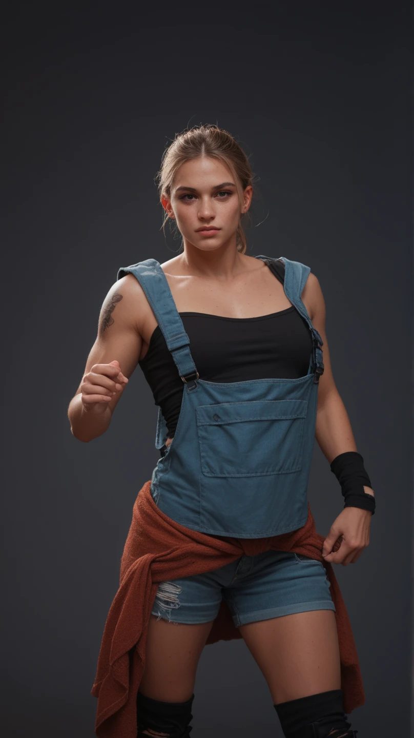 High detail RAW color, full body photo of fixmus <lora:fixmus:0.7>, 1girl, solo, realistic, symmetrical, highly detailed, harsh lighting, cinematic lighting, contrast, hasselblad, 45 degree, hard light, gigapixel, 85mm, F/4, brigitte, overwatch, mechanic clothes, muscled body, posing  <lora:brigitte:0.5>