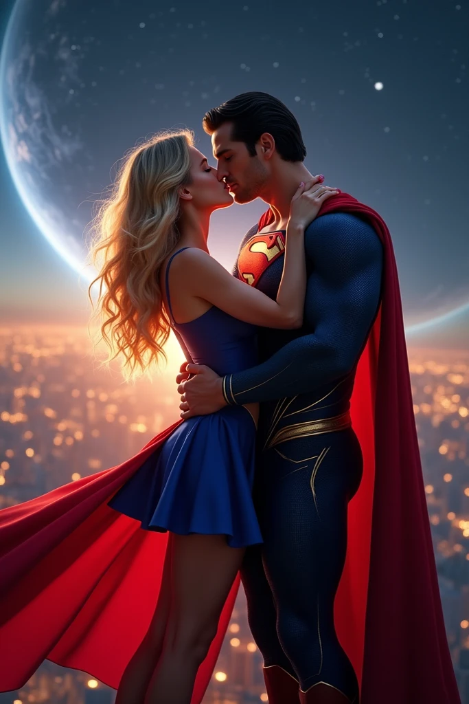 Super girl is giving birth to superman’s baby, intimate, bare belly, super-man is holding her, the baby is crowning,