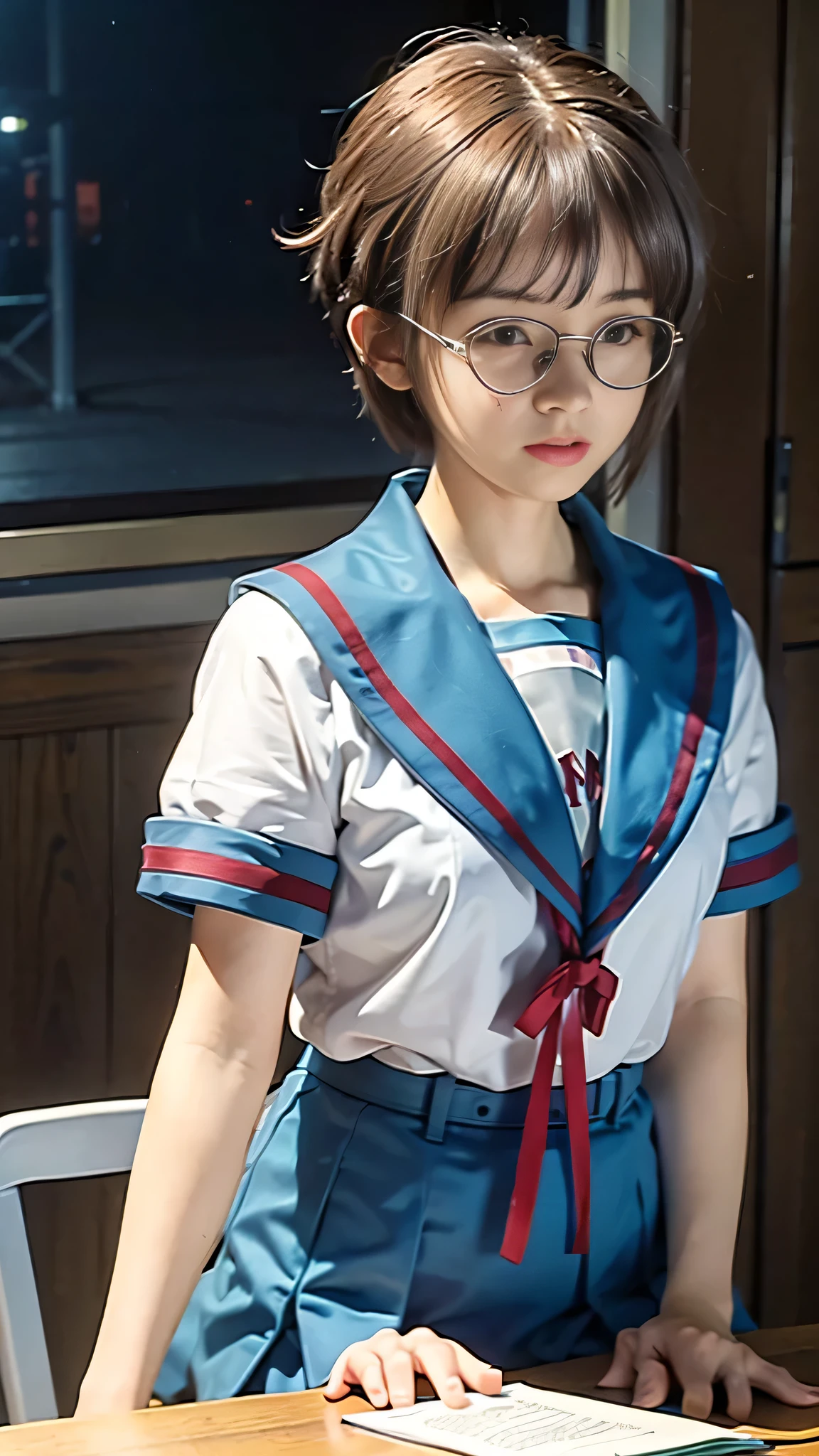 (table top, Top Quality:1.2), 8k,glasses、pubic hair、sailor suit、 official art, RAW photo,  (upper body, sailor suit,:1.4),  Beautiful Girl, idol bending over, pleated skirt, school uniform,  Big Breasts　Short sleeve,  Movie Lighting, Detailed Faces, Background blur, 1 Girl