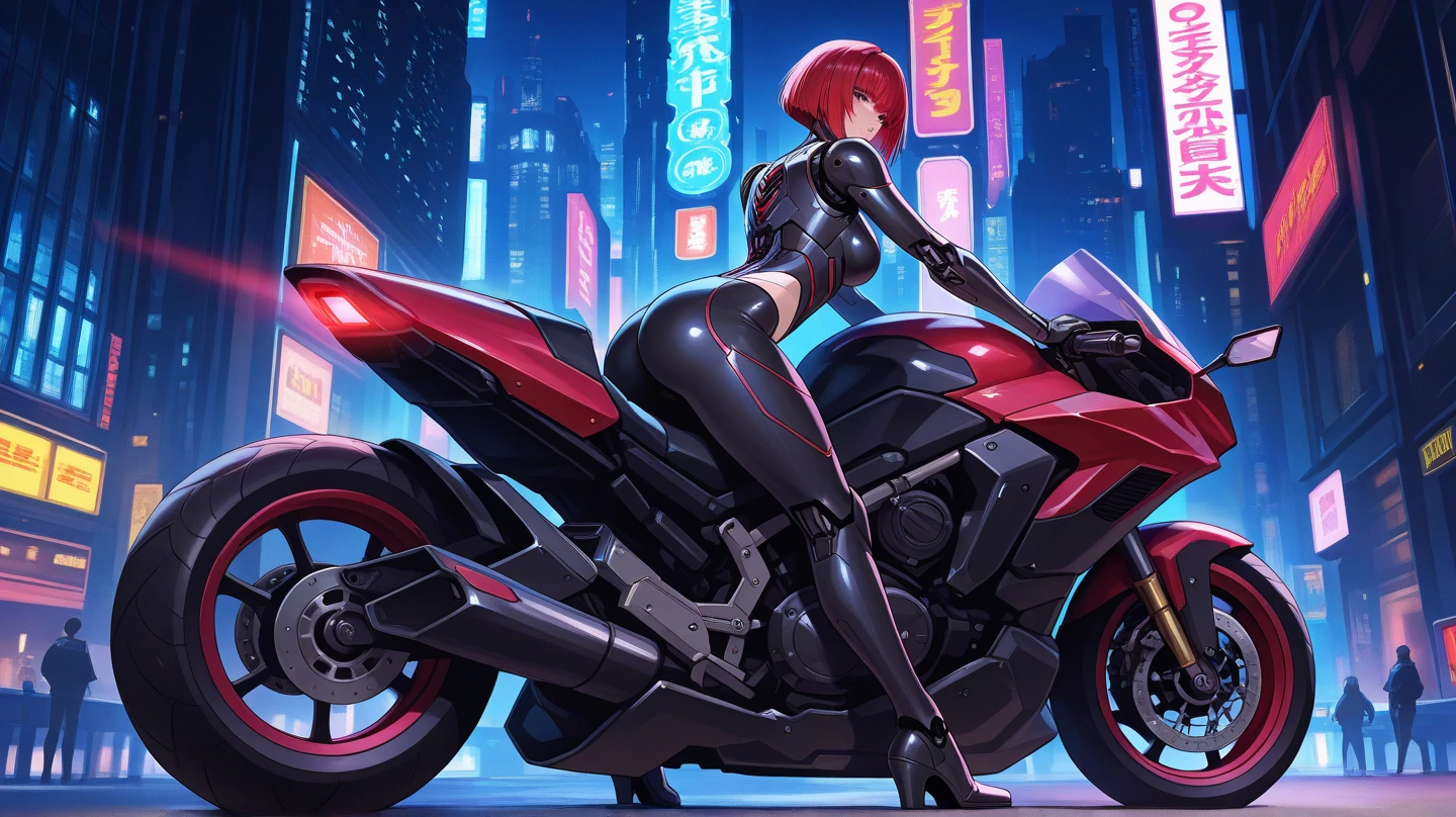 The image shows an illustrated character sitting on a motorcycle.. The character has short hair and wears a suit with black-violet colors and yellow neons that surround his prominent bodysuit.... The motorcycle looks big and futuristic., same color palette with elegant lines and luminous elements. The background suggests an urban environment illuminated with neon lights., possibly at night. There are various shapes and patterns reminiscent of digital or cybernetic motifs..., contributing to the overall sci-fi look of the image.. I imagine this girl with a futuristic appearance and full of mystery.. His body is wrapped in a purple and black jumpsuit.., Shiny chains entwine around his arms and legs., as if they were metallic tattoos. The three-strand necklace, with its padlock in the shape of digits, It is their symbol of submission and devotion.. Her red hair falls in waves over her shoulders..., and his green eyes shine with a mixture of passion and obedience. The black dress fits her curves., enhancing her voluptuous figure. Each chain that tightens around her skin is a reminder of her role as a beloved slave.... In the dark garage, the girl prepares for her master. The cyberpunk motorcycle awaits you, Its shiny surface reflects the neon lights of the city. The cat-shaped helmet gives it a mysterious look., and the tail that extends from the back of the seat seems to have a life of its own. She rides the motorcycle with grace., speeding into the night. The wind whistles in his ears as he walks through the dark streets., ready to carry out your master'orders. In this futuristic world, where technology and passion intertwine, she is his slave, your confidant and your lover. The girl with the chains and a cyberpunk motorcycle is an enigma, a mixture of desire and slavery. Their story unfolds under the twinkling lights of the city.., and his figure becomes a legend in the night streets. SIMILAR TO IP:but