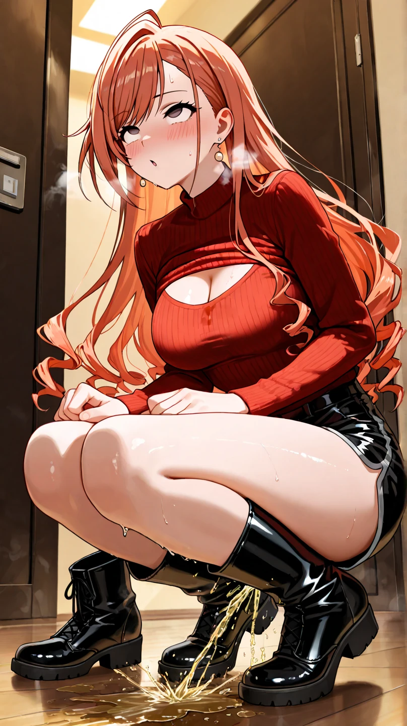 masterpiece, detailed, high quality, absurdres, 1girl, solo, colored skin, grey skin, small breasts, curvy, narrow waist, wide hips, thick thighs,
BREAK hair over eyes, orange hair, bangs, sidelocks, absurdly long hair,
BREAK from below, corridor, indoors, light, leaning on object, 0.7::off-shoulder sweater, amber pants0.3::, open mouth,