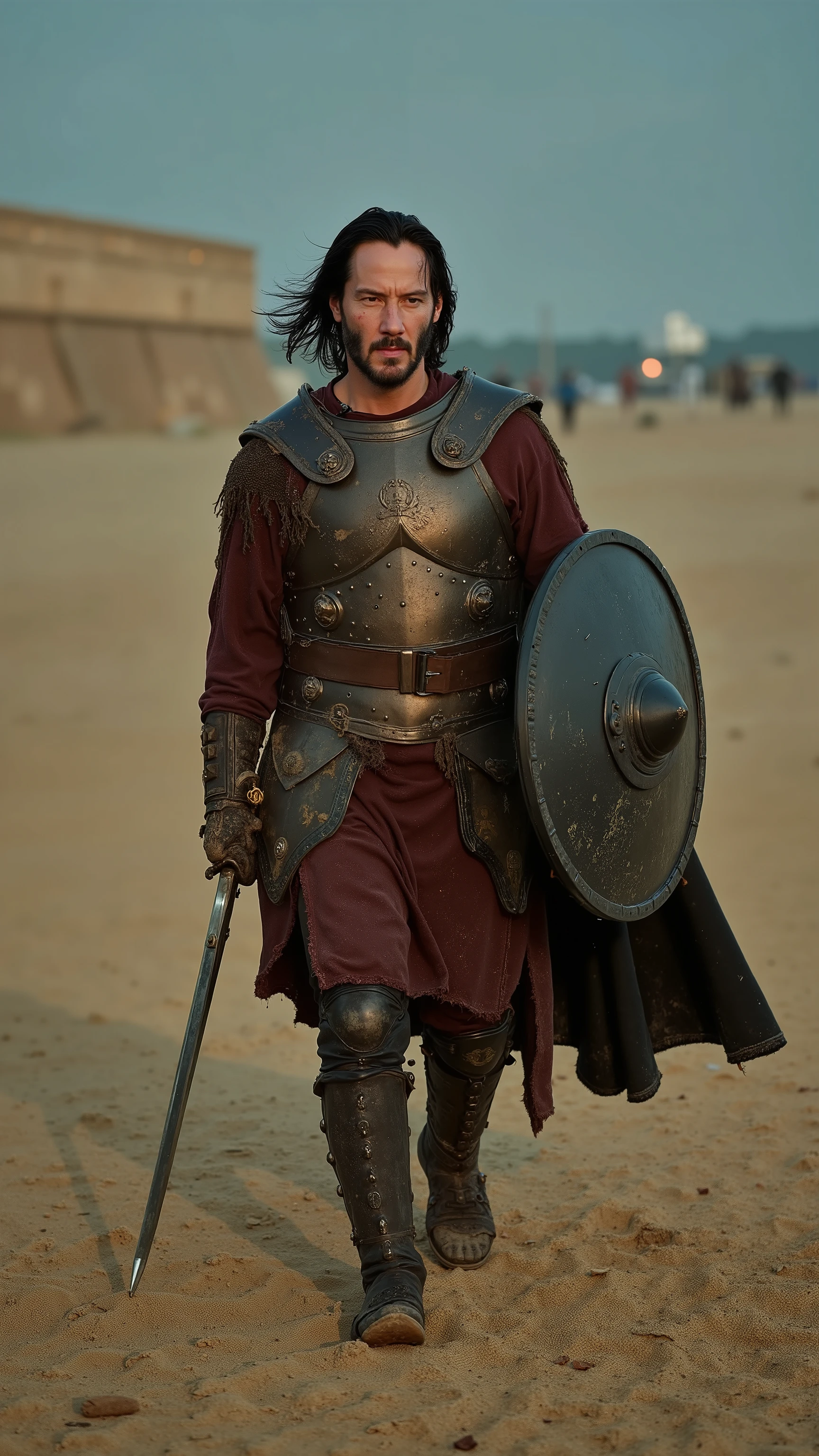 Keanu Reeves reimagined as Hector walking and holding a silver sword、dramatic atmosphere, 1 male、
Long, dark hair tied at the nape, strands clinging to his face, and a trimmed beard framing his sharp jawline. His intense, thoughtful eyes are dark and steady, reflecting resolve and duty. Dust and dried blood streak his face and shoulders.
He wears elegant yet battle-worn Trojan bronze armor, the chestplate engraved with horse motifs and protective patterns. His shoulders are covered with rounded bronze pauldrons, and a dark red tunic flows beneath the armor. A deep crimson cloak, weathered and torn at the hem, hangs from his back, fastened by a bronze pin in the shape of a horse's head. His waist is bound by a wide leather belt with bronze studs, and a scabbard hangs at his side. His lower legs are protected by decorated greaves, and he wears leather sandals strapped to the knees.
In one hand, he holds a silver sword with black leather wrapping. His other hand grips a large, rounded shield etched with the symbol of Troy and ringed in steel, its surface bearing dents from battle.
,shows his male character's full figure, athletic body, perfect face, full body, extremely beautiful, god, male shape, perfect anatomy, The background shows the outer walls of Troy at dawn. The stone ramparts rise behind him, lined with archers and flaming braziers. Dust swirls in the wind across the open field littered with broken weapons and overturned chariots. Faint orange light breaks through the haze as enemy forces approach in the far distance, signaling another day of siege. Blue sky, sunny day, photorealistic, masterpiece, realistic, high contrast, 8k, HD, high definition detailed, detailed, hyper detailed, realistic skin texture, best quality, ultra high resolution, hyper realistic, no text, very detailed eyes, dramatic lighting