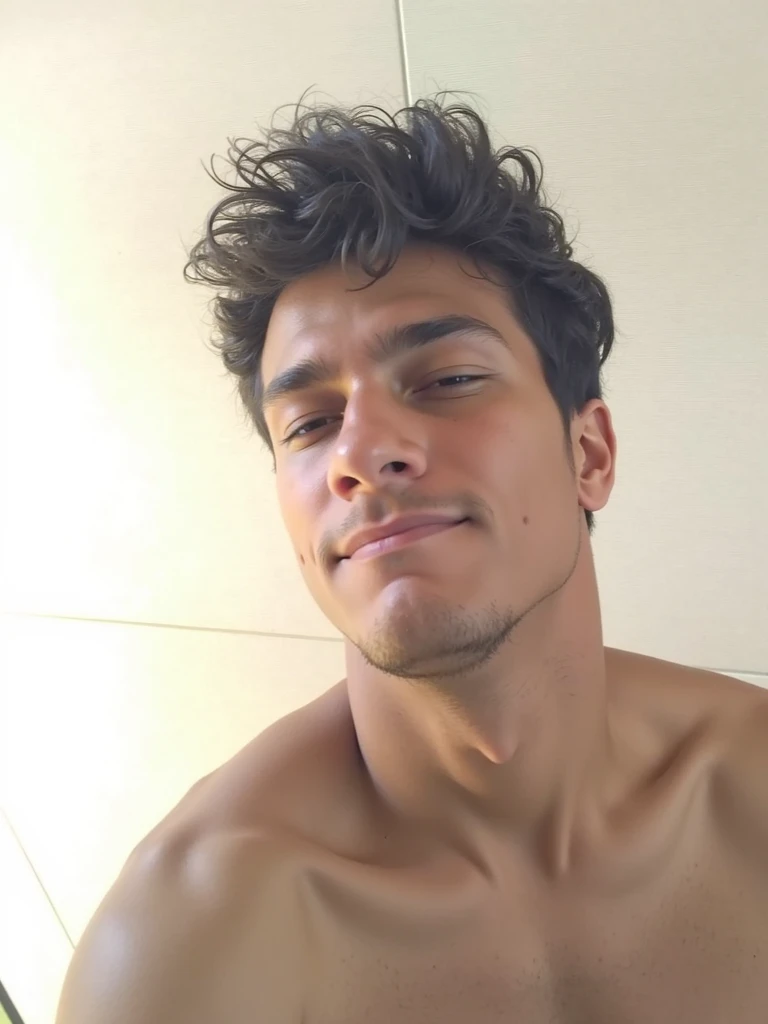 arafed man sitting in a car with his shirt off, mid-shot of a hunky, shirtless, young spanish man, the extremely hot and sexy, lean man with light tan skin, 8k selfie photograph, his hair is messy and wild, sweaty skin!!, mateus 9 5, front facing the camera, sexy look at the camera