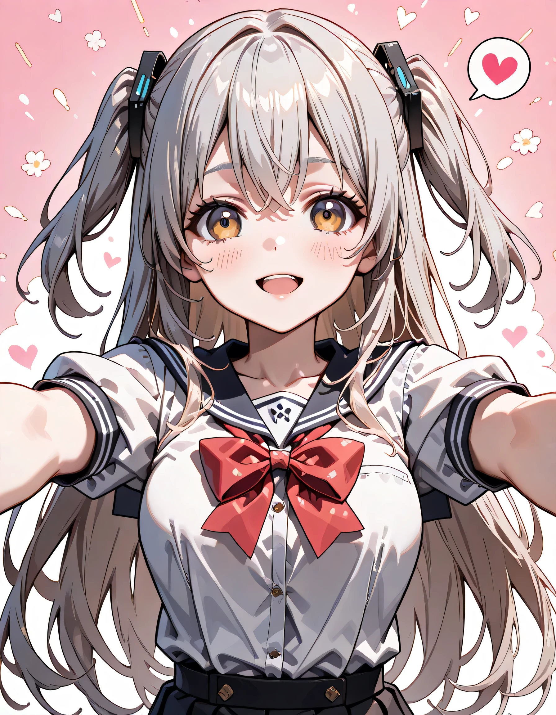 ((ultra-detailed)), (highly detailed CG illustration), (best quality:1.2), ultra-highly detailed, colorful composition, artistic photoshoot, 1girl, solo focus, ((upper body:1.4)), moe anime character, girl, dainty facial structure, (baby face), (round face), ((rounded chin:1.2)), celia-default, celia claire, (blue eyes), ((silver hair color)), ((two side up hair)), ample breasts, school uniform, sailor suit, traditional Japanese style with navy blue and white colors, ((smile)), ((cry with joy:1.3)), ((spread arms:1.3)), ((blush:1.3)), ((looking viewer)), ((spoken Heart:1.4)), ((trying to hug:1.3)), ((pink heart background)), from front, best quality, masterpiece, expecting, pink cheek, blush, light pink gloss slip, portrait, depth of field, soft lighting, sidelighting, (shine), lighting, caustics, ray tracing, smile, perfect face, lustrous skin, highly detailed face, highly detailed eyes, perfect face, perfect nose, perfect hair, perfect eyes, perfect anatomy, beautiful hair, beautiful small face, extremely detailed face, beautiful detailed eyes, beautiful clavicle, beautiful body, beautiful ample breasts, leavage, breasts squeezed together, equalize the size of the left and right breasts, beautiful thin thighs, beautiful legs, beautiful fingers, 4 fingers, 1 thumb, lovely, (very detailed background:1.0), (highly detailed background:1.0), spring aesthetic, intricate details, joyful atmosphere, spring colors palette, chromatic aberration