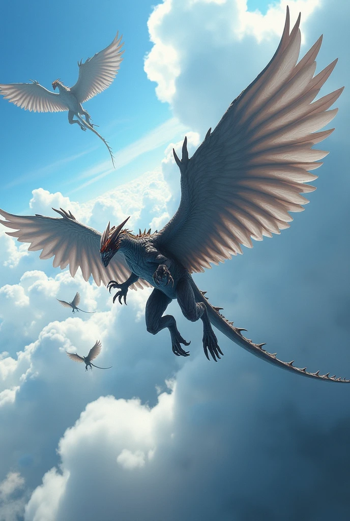 realistic portrayal of a majestic pterosaur in flight, against a vibrant sunset backdrop, with striking details in the wings, elongated neck, and sharp beak. The pterosaur's wings should have a leathery texture, while its body exhibits fine scales. The sunset offers a warm color palette, with a gradient from deep orange to soft pink. The lighting should showcase the pterosaur's graceful silhouette, with soft rays of sunlight illuminating its body. The image should be of high quality, with ultra-detailed features, and incorporate a photorealistic style.