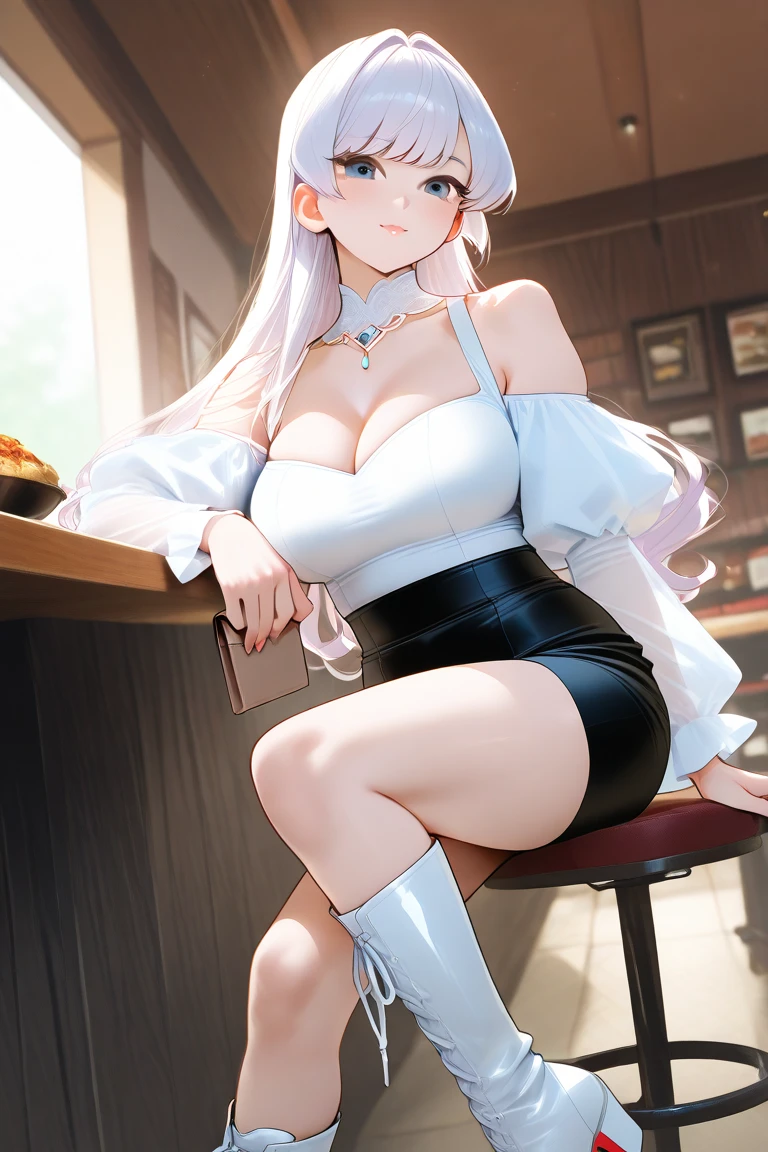 ((8K,tmasterpiece,realisticlying,The most beautifully illustrated),(((Bust photo)))(Hyper-detailing,Ultra-clear,naturey),((White wavy extra-long curls):1.3,choker necklace,ear jewelry,Pink and moist lips,),1 busty girl,the night,Cafe on top of the hill,Exhaustive coffee,white super long hair,White wavy curls,Hair is shiny,The halo,Open student uniforms,The pleated skirt is taken off,Elegant and beautiful hairpins,White wavy curls,naked leg,Reasonable movements,gigantic cleavage breasts,Slender and beautiful legs,Stretch meat,Fair and moisturized skin