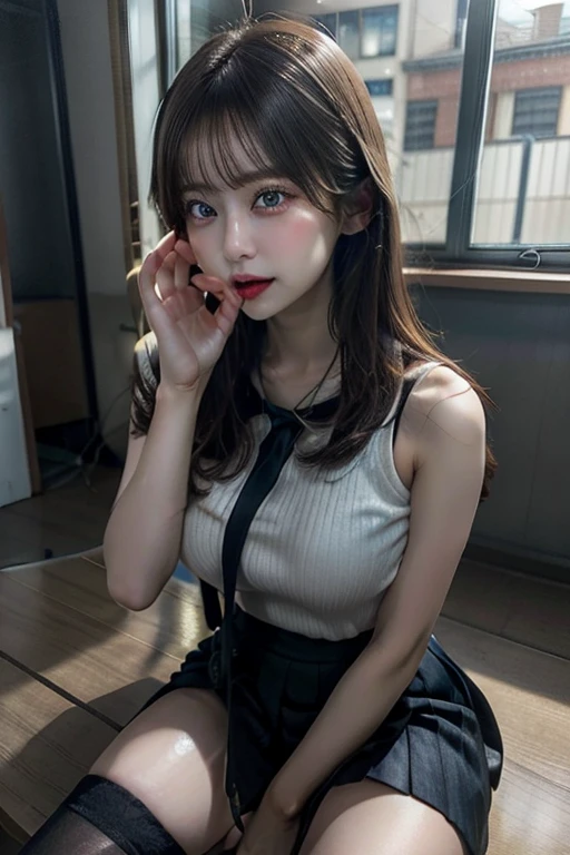 (RAW photo: 1.2), top quality, beautiful detailed girl, bunny girl, from below, blonde, smile, highly detailed eyes and face, beautiful detailed eyes, huge file size, high resolution, 8k wallpaper, fine detail, highly detailed ticker uniform 8k wallpaper, light on face, movie lighting, 16 year old girl, sexy pose, (photorealism: 1.4), illustration, super detail, masterpiece, playboy bunny, fishnet pantyhose, sitting on chair, open crotch, lovely thighs, shiny thighs