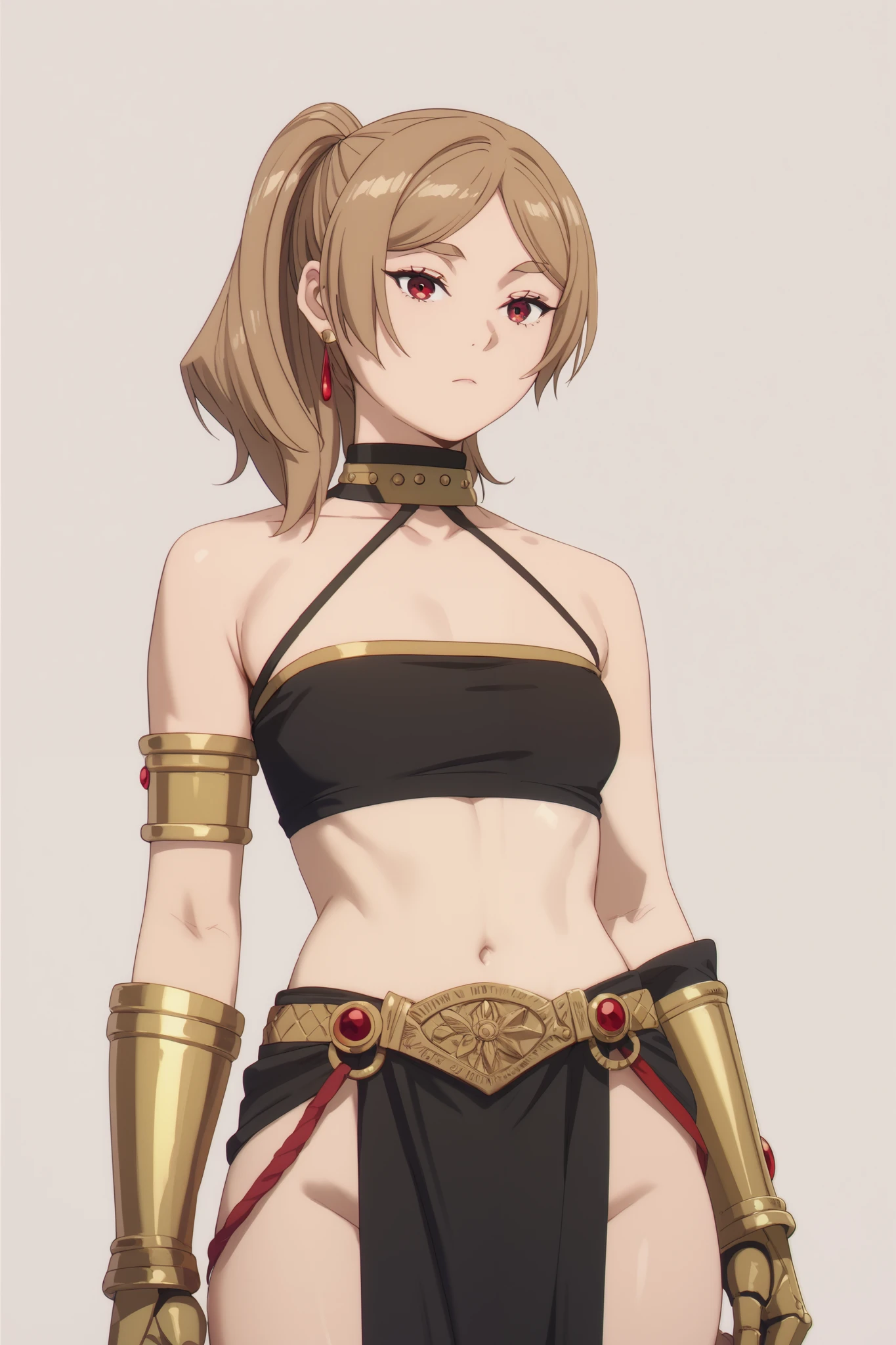 1 girl, light brown hair ponytail, parted bangs, red iris, voluptuous, small breasts, black tube top, black loincloth, gold accessories, gold gauntlets, simple background 