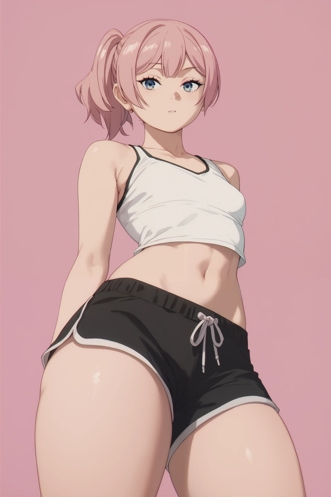 1 girl, short pale pink ponytail hair, blue eyes, small breasts, thick thighs, tank top, black sports shorts, simple pink background