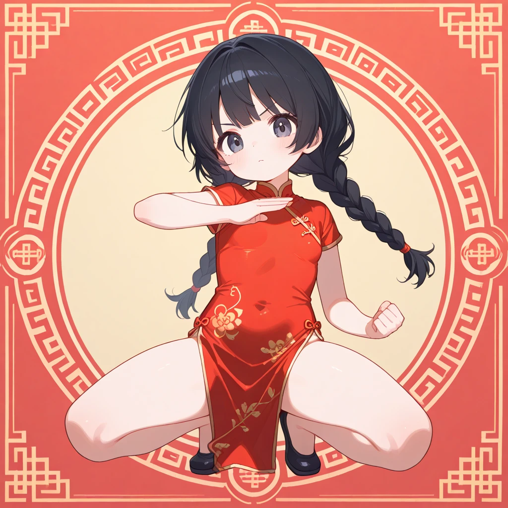 girl, full body, (face detail: 1.2),masterpiece,fashion,cheongsam,,medium hair,black hair,twin tails,blunt bangs,brown eyes,