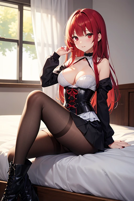 (Asuka Langley:1.2) (from evangelion), wearing (gothic maid slutty dress:1.2),(black and white striped stockings), (high heels:1.1), (gloves and choker), (sitting still on sofa), (gothic makeup:1.1), (round breasts), (bubble butt), (wide hips:1.1), (slim waist:1.1), (thick thighs:1.1), (detailed face and eyes:1.2), (detailed hand and finger:1.2), (medium breasts:1.2), (busty), (deep cleavage:1.2), (labia outline:1.3), (hard teat:1.3).