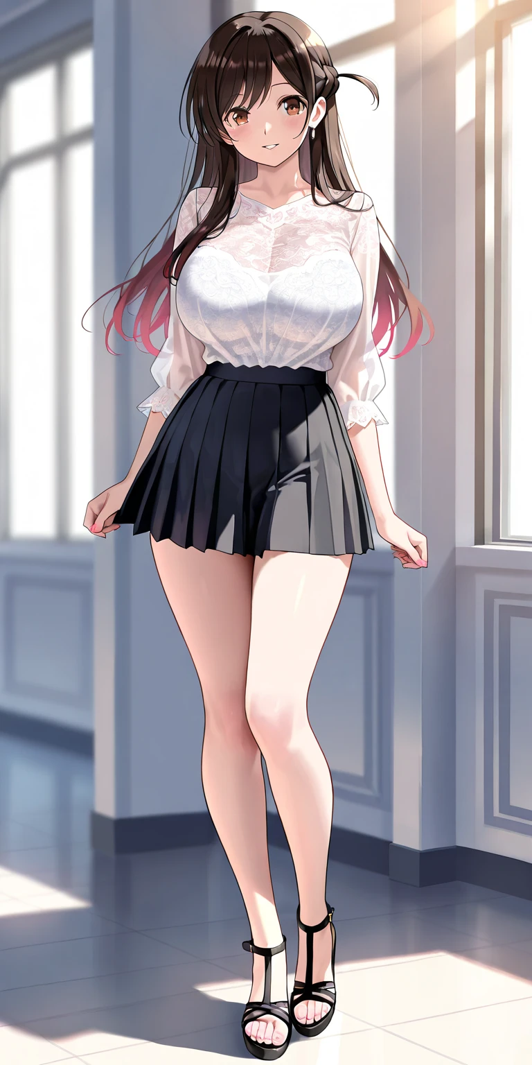 High tail hairstyle, two Ponytail hairstyle, Ponytail hairstyle, Long wavy black hair, standing posando, anime girl style, pixel art anime style,penetrating look with deep eyes,red and purple eyes, hair with a ponytail hairstyle trapped with a big red bun, women, red hair clips, x color shaped hair clips , smiling face blush, next to his bed, Skirt, tank top, Black hair, thighs grandes, NSFW, from below, neckline, looking at the viewer, lascivious smile, ((oversized t-shirt)), off the shoulders, without pants, washing machines, thighs, ((White T-shirt)), standing, hands on the hips,