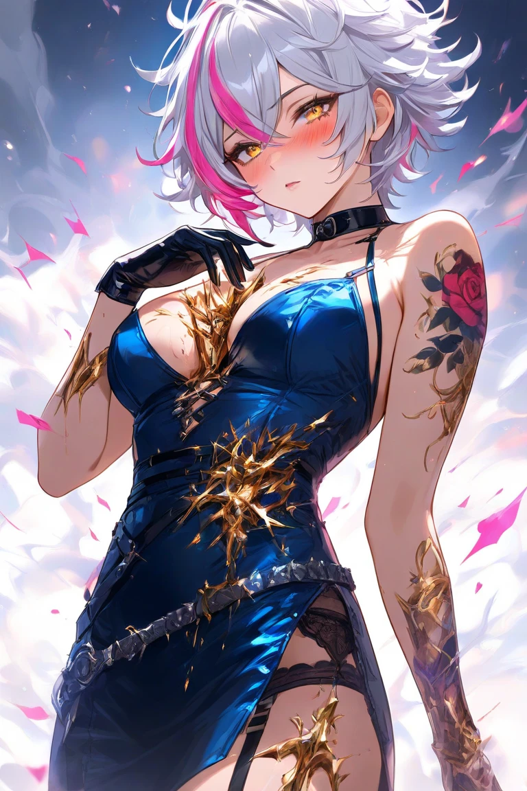 blue_rose, flower, pink_flower, pink_rose, pubic_tattoo, purple_rose, red_flower, red_rose, rose, rose_petals, rose_print, spoken_squiggle, squiggle, thorns, white_rose, yellow_rose, ibaraki_kasen, black_rose, playboy_bunny, bandages, green_flower, 1girl, pantyhose, condom_wrapper, elphelt_valentine, pink_hair, flower_ornament, double_bun, condom_in_mouth, bandaged_arm, orange_flower, condom, breasts, black_flower, black_legwear, floral_background, rabbit_ears, purple_flower, back_tattoo, tattoo, smile, short_hair, bare_shoulders, shackles, solo, hand_on_own_face, cuffs, chain, heart, pink_eyes, animal_ears