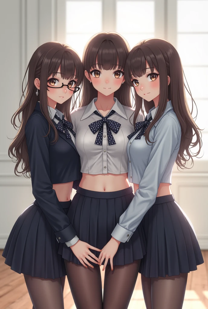 Super detailed, best quality, High resolution, Moe anime, ((((Three cute s with black hair and big round glasses hug each other.)))), (baby face), ((Big eyes:1.5, drooping eyes:1.2)), dark blue eyes, cute eyes, detailed eye description, brilliance of eyes, view audience, pale skin, ((())), NSFW, focus on the face, ((bust shot)), ((sheer lace bra, Lower body is naked)), Nipples are showing through, In the classroom, Navel exposed, Skirt-lift, Shirt-lift, ((small breasts))