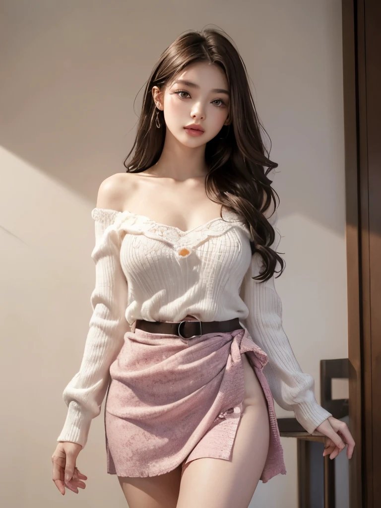 Kim Jennie with white brown hair, con rulos en las puntas, with two bows on each side of the hair, all her hair white brown, with a star clip in her white brown hair, ojos de color claro, ojos bonitos, ojos llorosos, nariz bonita y respingada, nariz lloroso, labios bonitos, labios rosas, heart and cupid shaped lip, piel bonita, pale, piel blanca, con lunares y pecas en todo el rostro, rubor rosa suave en las mejilla, rubor rosa natural, maquillaje suave y rosa, jennie, cuello bonito, cuello marcado, frown, mirada tierna, con un collar de beso, un collar bonito de beso, parecido a Yumeko Jabami, mientras lleva puesto un Crochet YK2, de lana, with a YK2 style brown mini skirt, mientras lleva una casaca con estampados de ositos, mientras tiene el abdomen desnudo, delgado, marcado y bonito, (pechos grandes, pechos suaves, pechos bonitos), mientras esta haciendo cospaly del personaje Yumeko Jabami, del anime Kakegurui, mirando a la camara