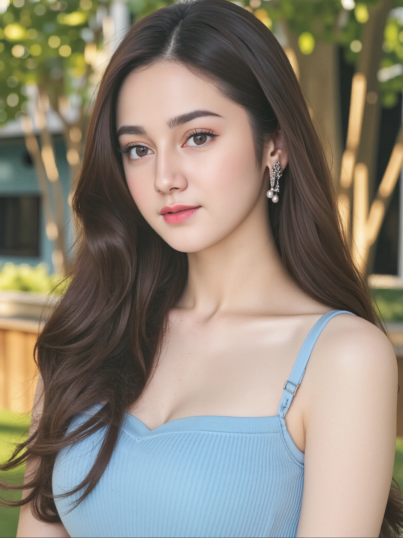 "A highly detailed and realistic digital painting of a beautiful young woman with long, flowing dark brown hair. She has smooth, radiant skin, large expressive eyes, soft pink lips, and a gentle, warm smile. She is wearing a light blue, form-fitting ribbed tank top with thin straps, highlighting her delicate shoulders and collarbone. A pair of elegant pearl drop earrings adds a touch of sophistication. The background features a serene outdoor setting with lush green trees, warm sunlight filtering through the leaves, and a cozy, rustic building in the distance. The atmosphere is bright, fresh, and natural, capturing a soft, dreamy aesthetic."